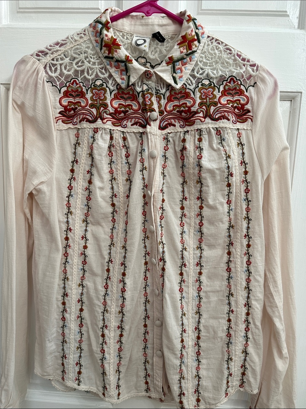 Embroidered Cream Button-Down Shirt with Multicolor Folk Collar